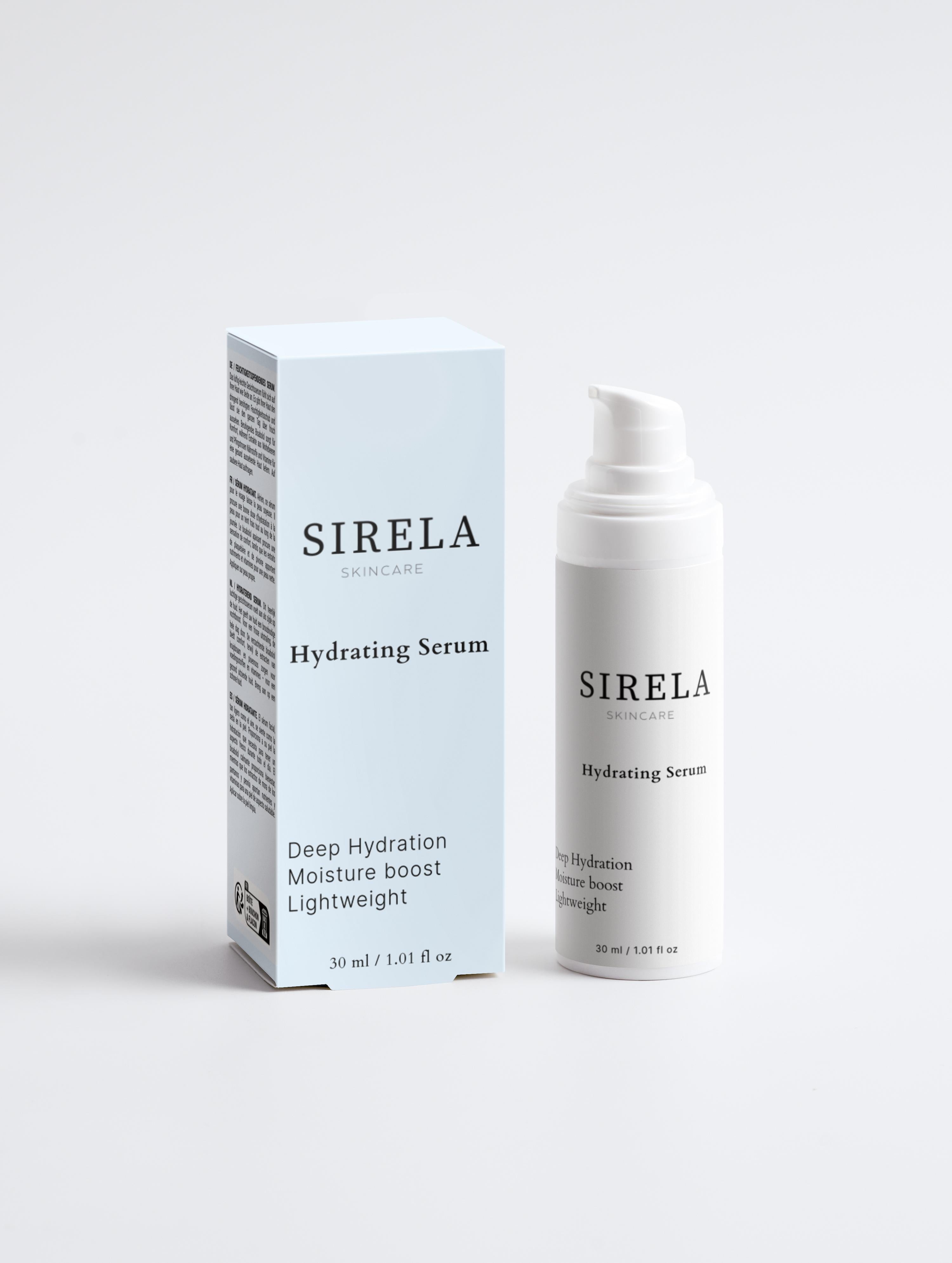 Sirela Hydrating Serum – moisture-boosting face serum bottle on white background