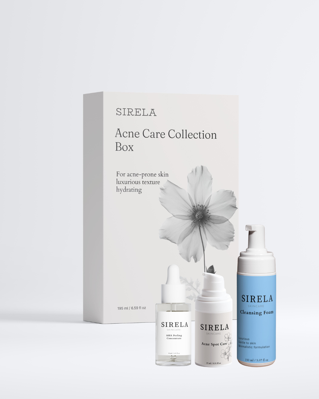 SIRELA Acne Care Collection Box with skincare products on a white background