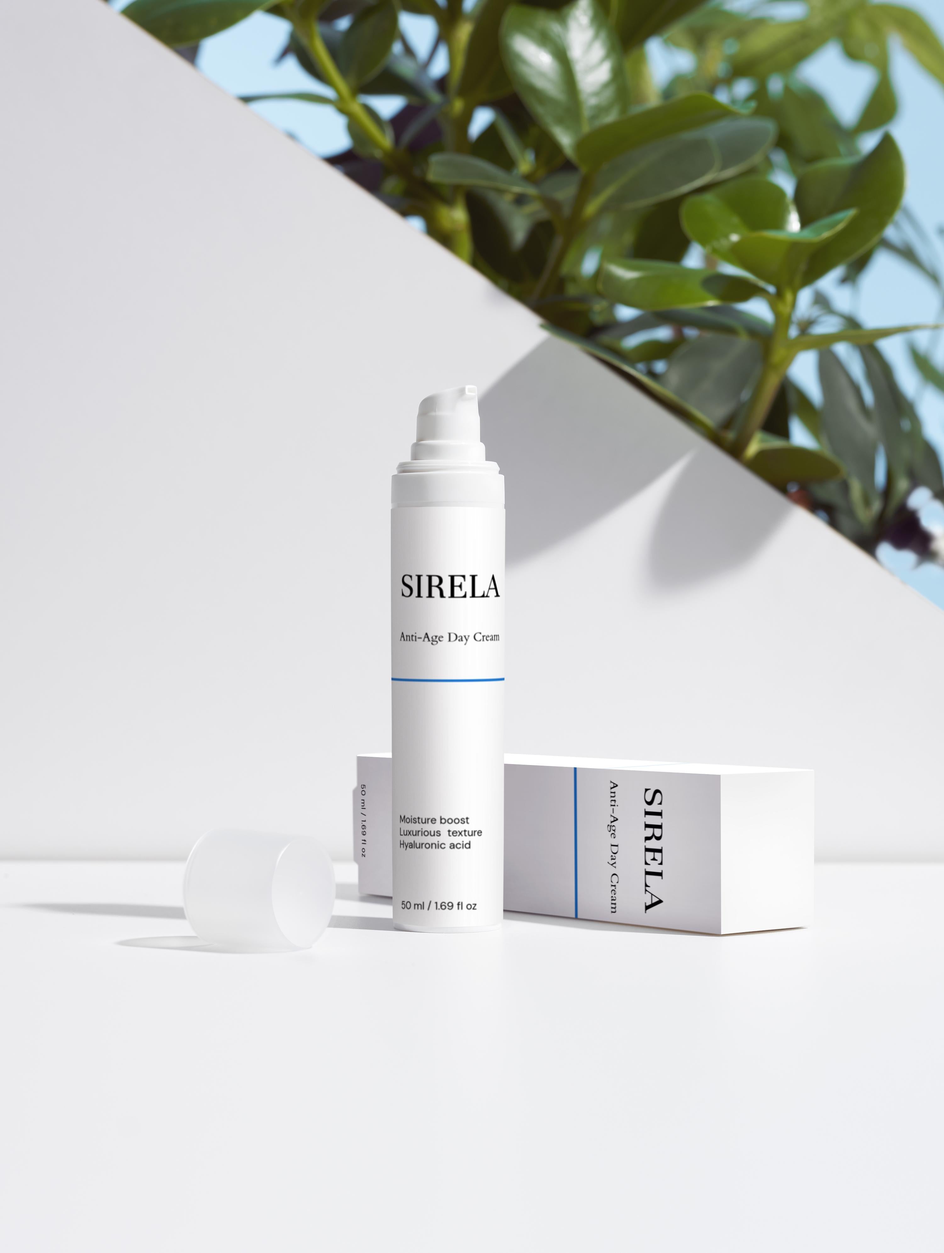 SIRELA skincare product with packaging on a white background with greenery.