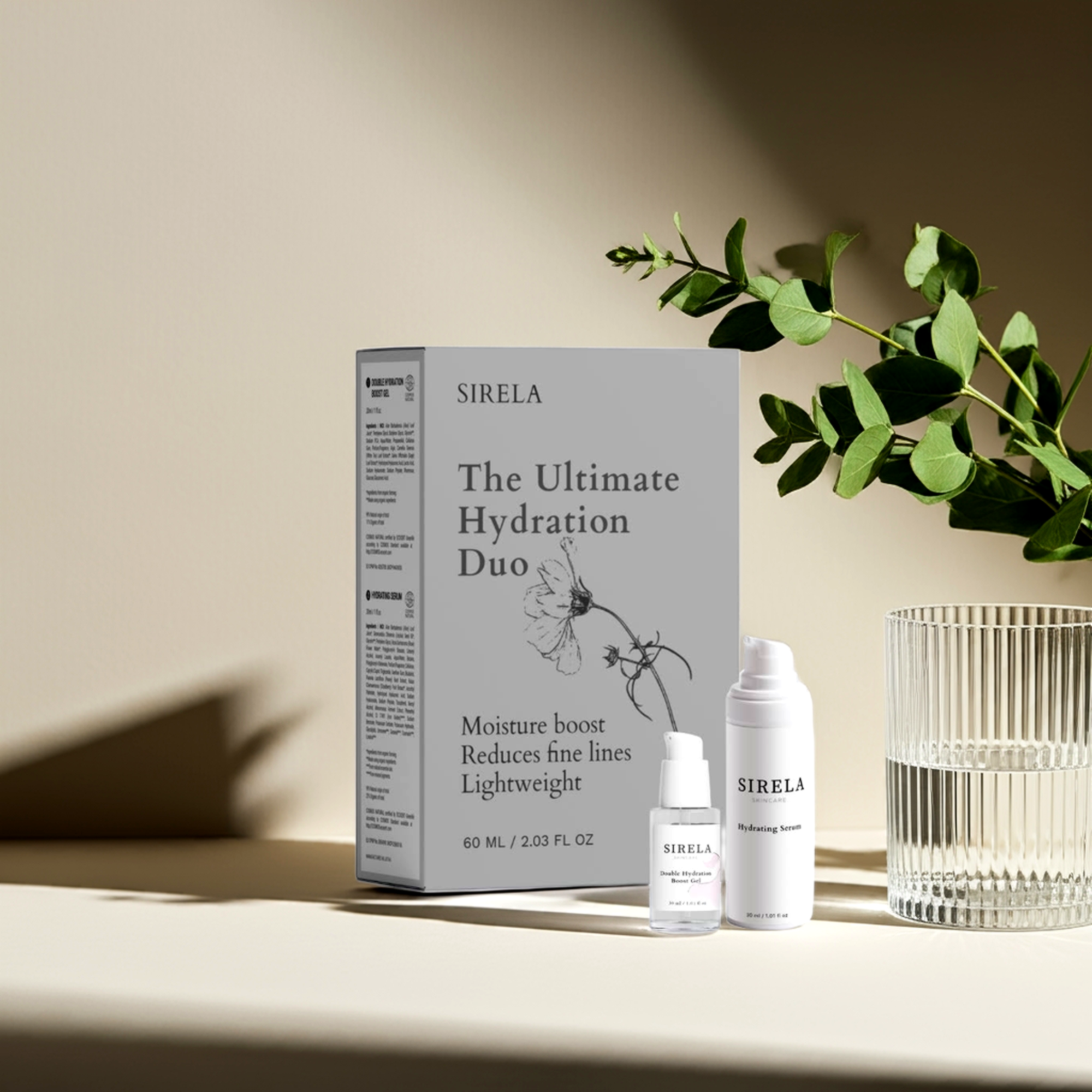 SIRELA skincare products including a box labeled 'The Ultimate Hydration Duo' on a neutral background.