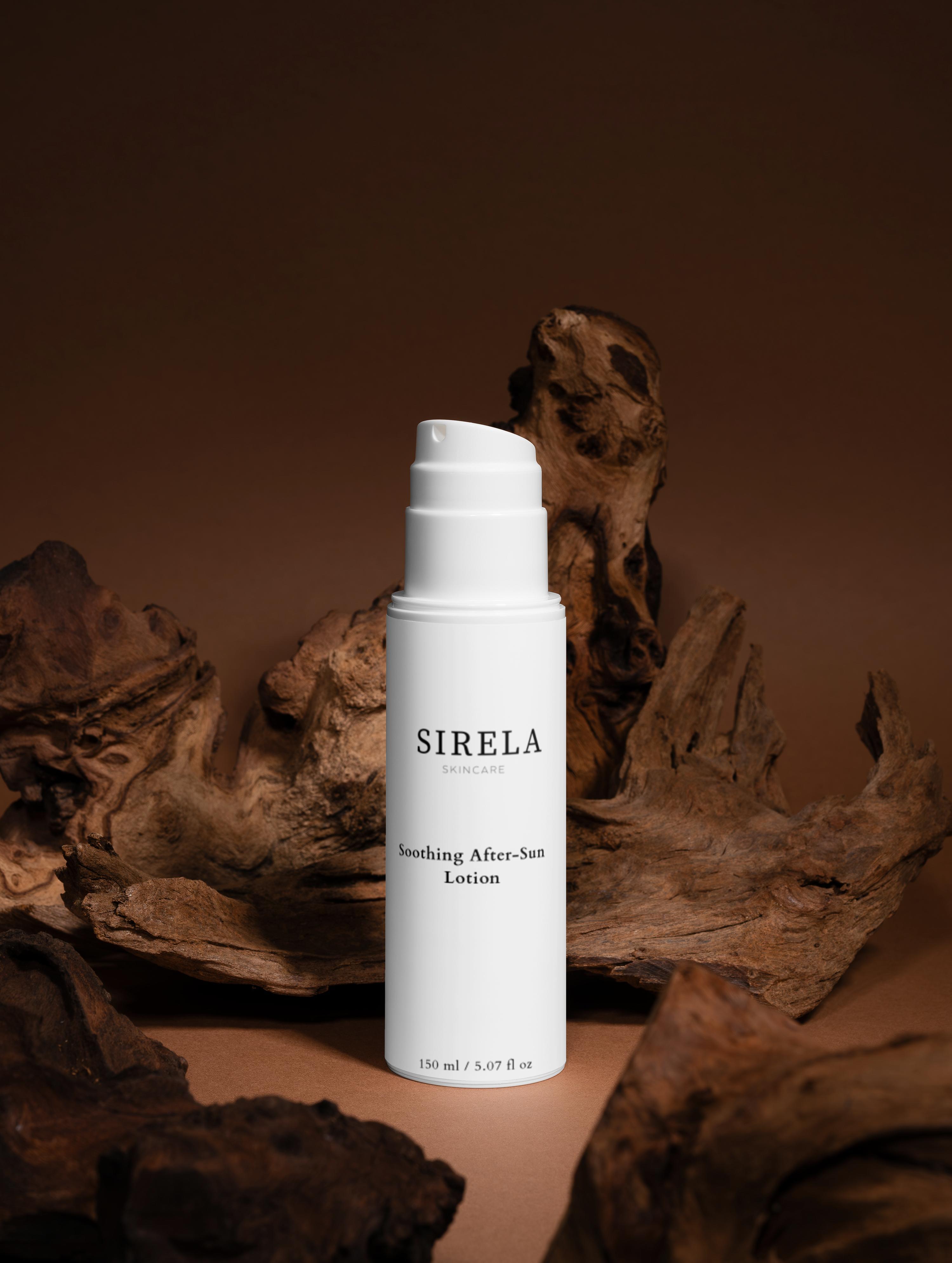 SIRELA lotion bottle on a brown background with natural elements