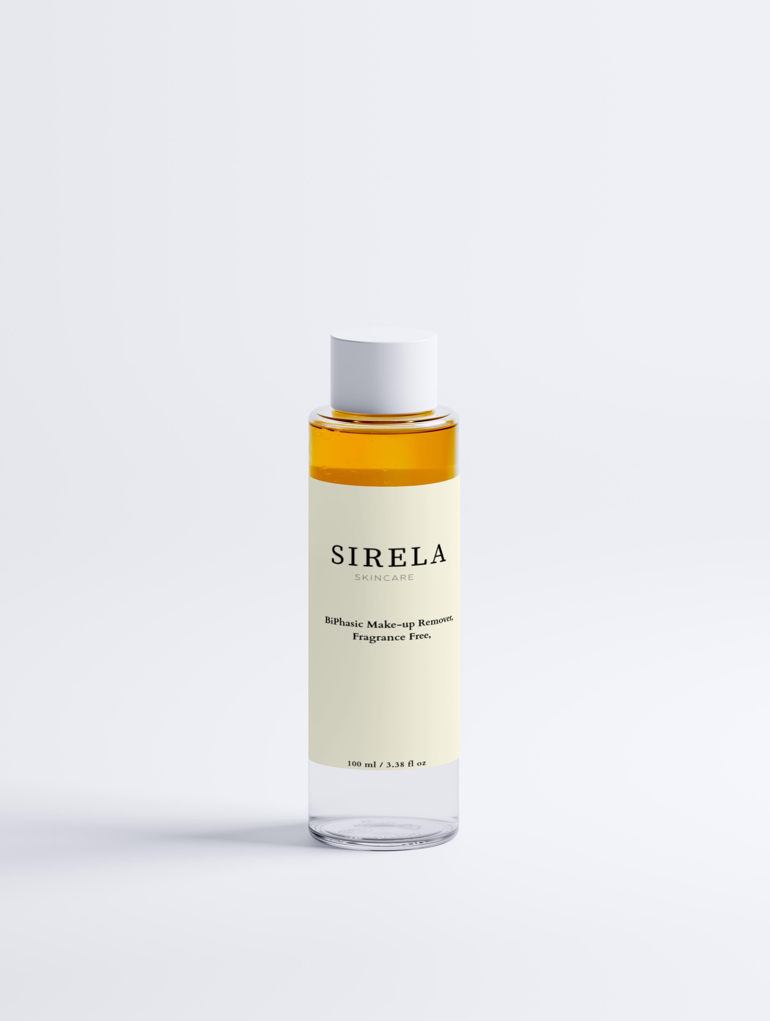 Sirela skincare Biphasic makeup remover bottle on a white background