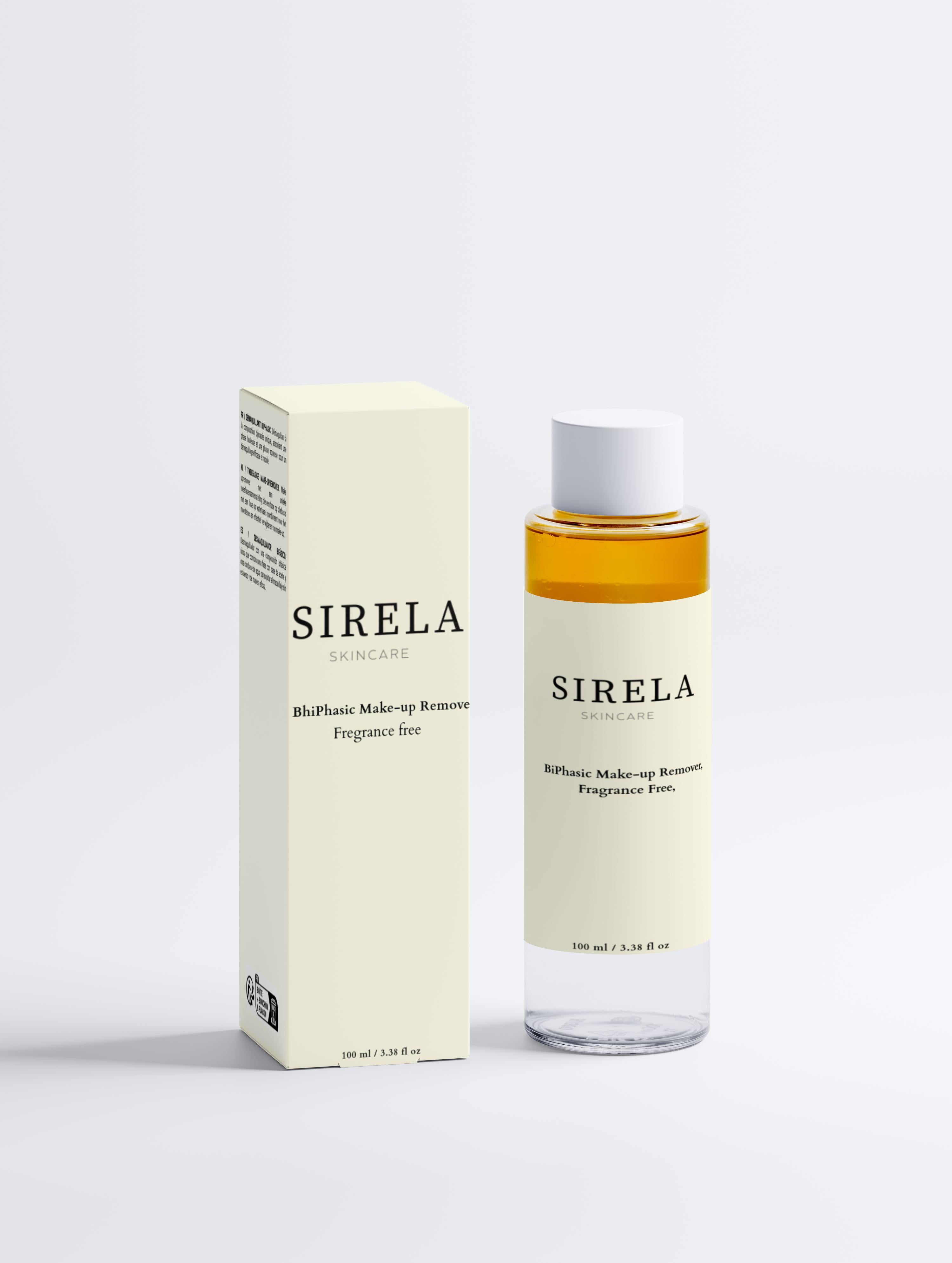 Sirela skincare Biphasic makeup remover bottle on a white background