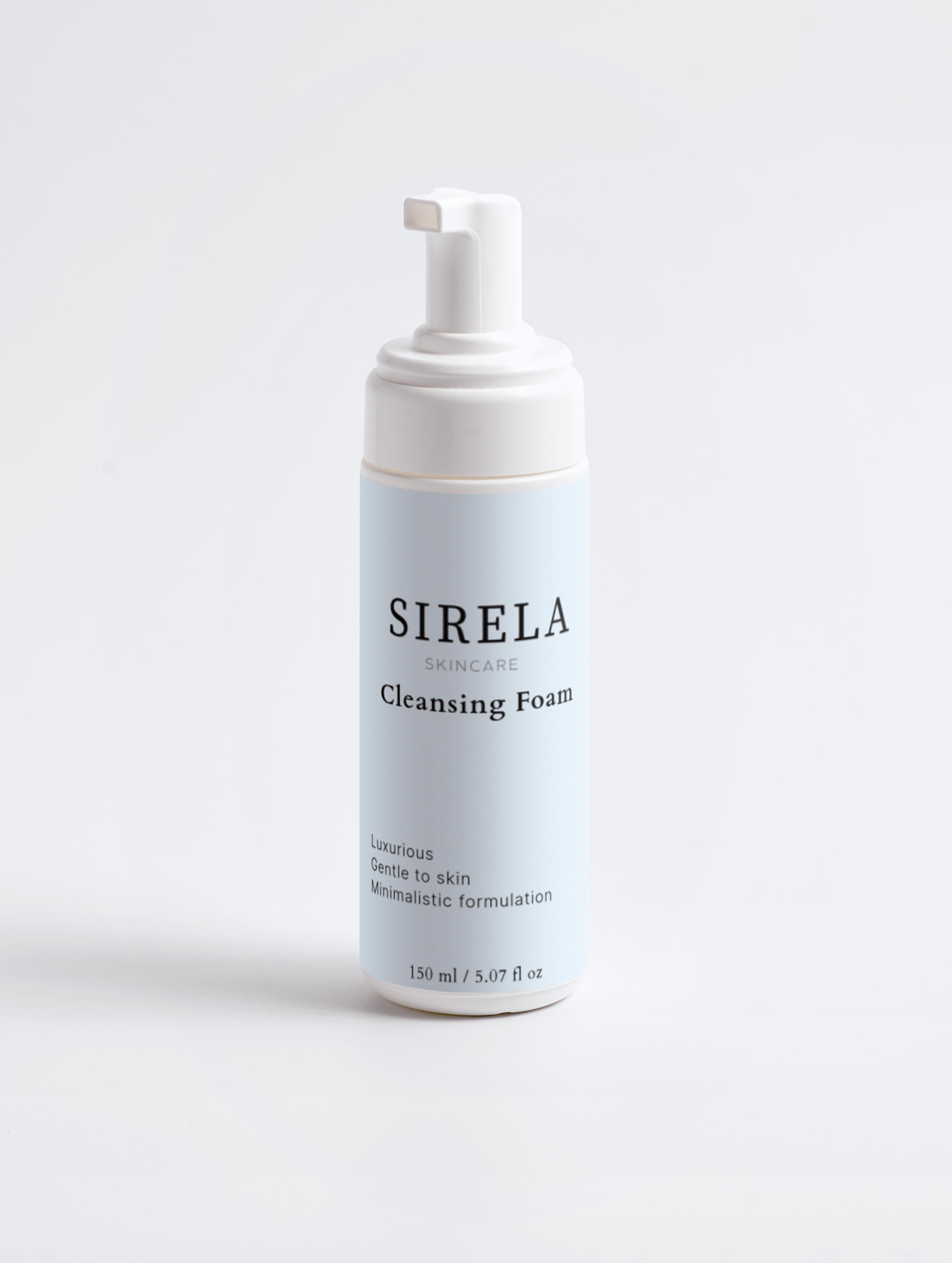 Sirela Cleansing Foam – gentle foaming face cleanser bottle on white background
