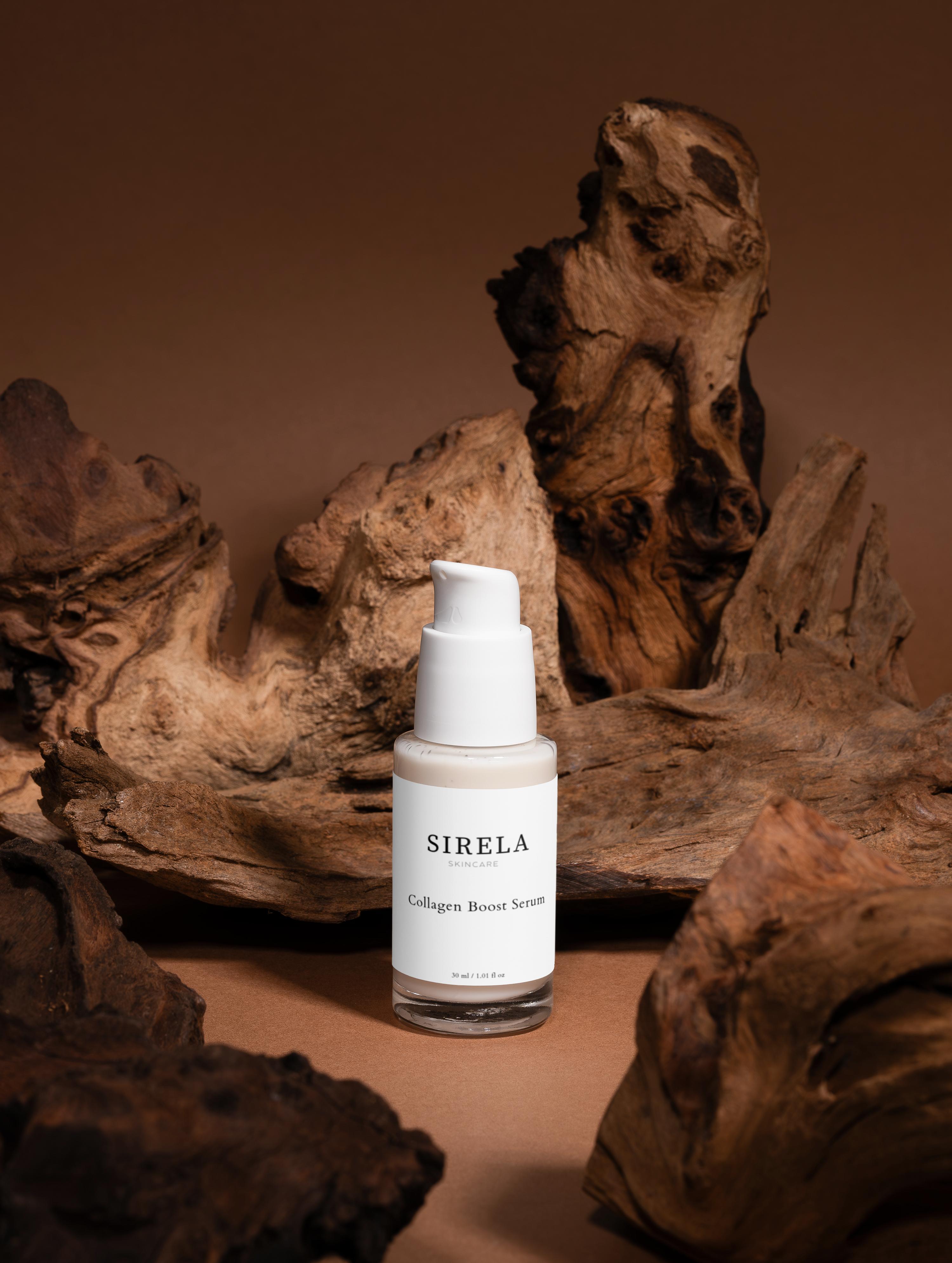 SIRELA skincare bottle on a brown background with natural wood elements