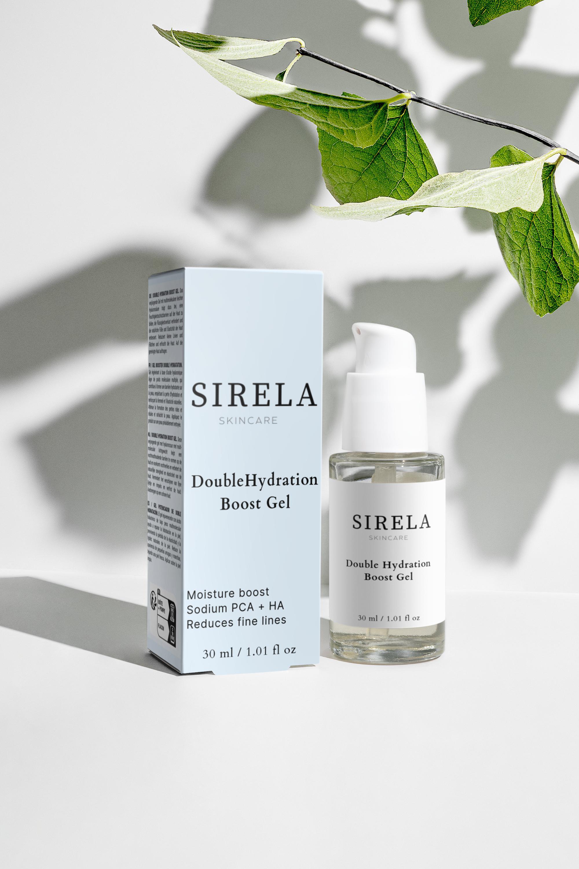 SIRELA DoubleHydration Boost Gel bottle and packaging on a light background with leaves.