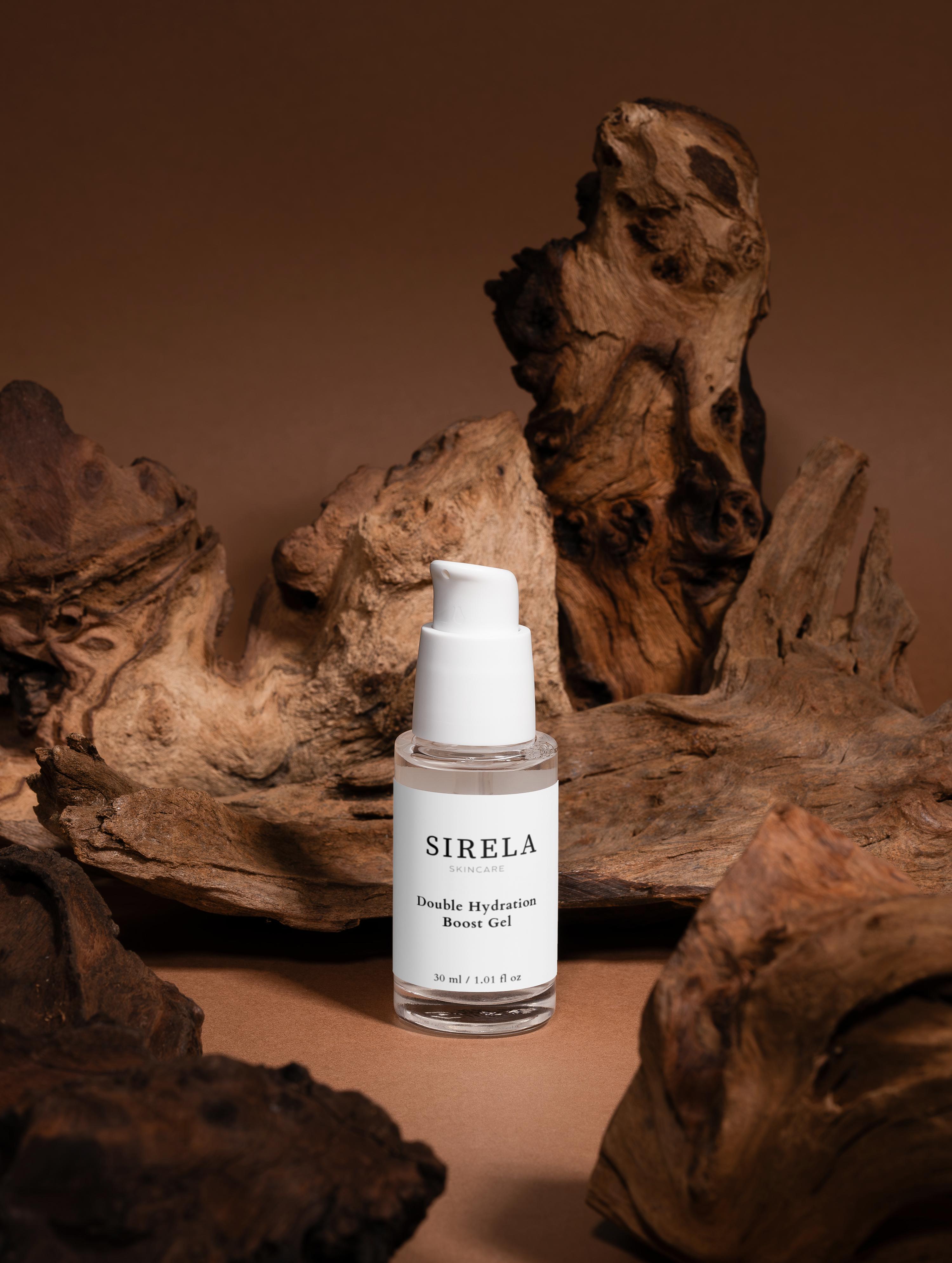 SIRELA Double Hydration Booster Gel bottle on a brown background with natural wood elements