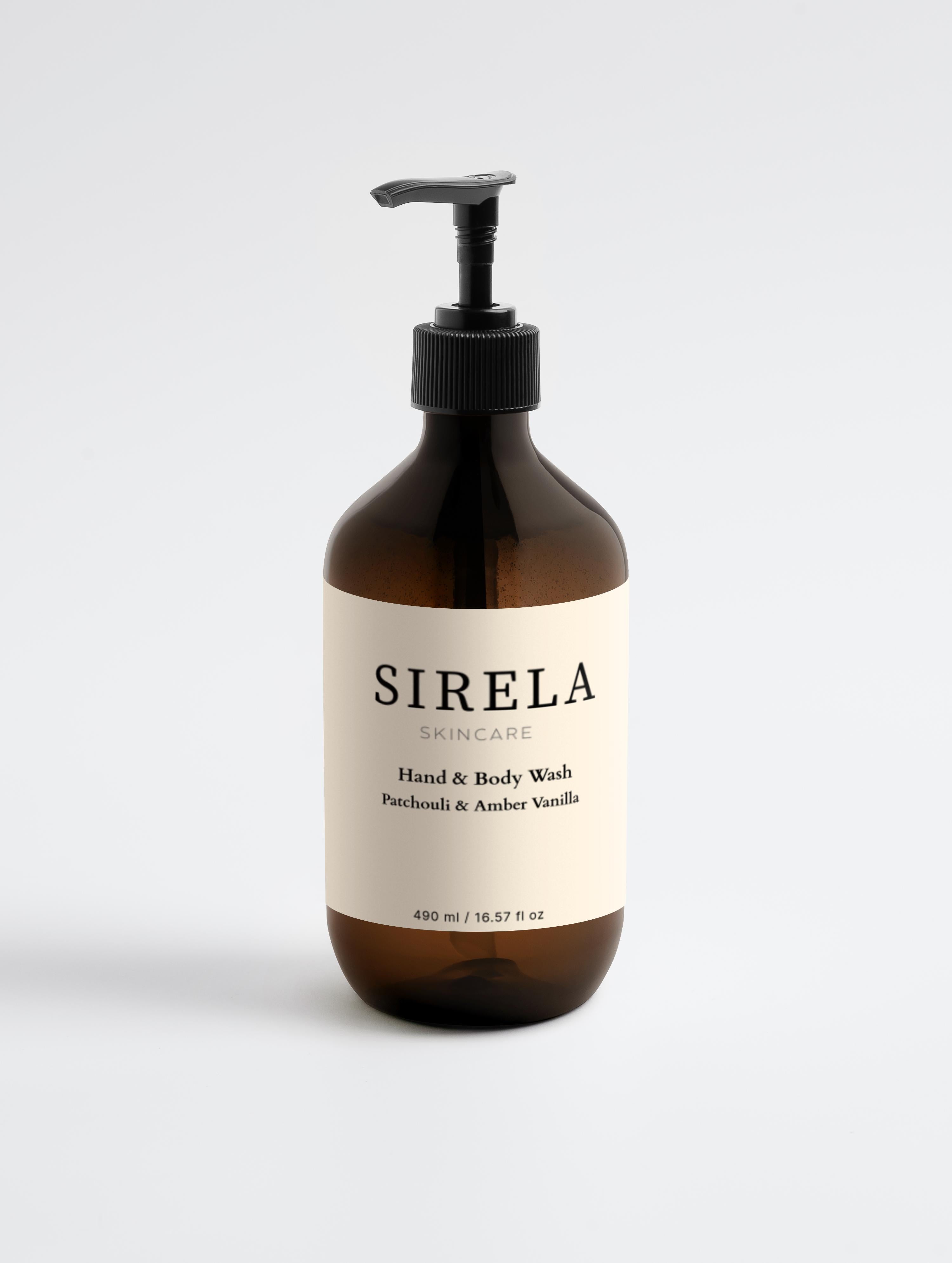 Sirela hand and body wash bottle on a white background