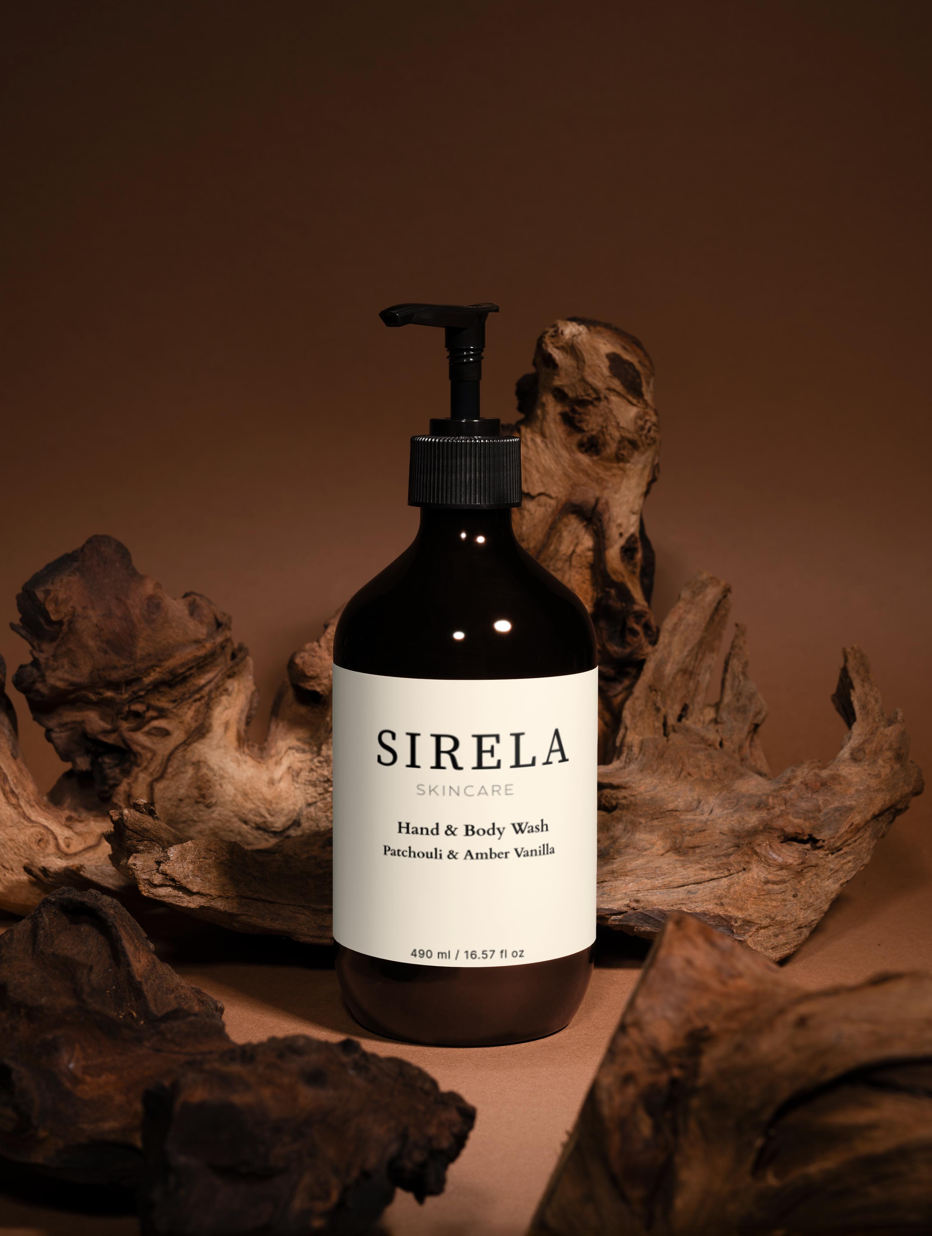 Sirela skincare bottle with a brown background