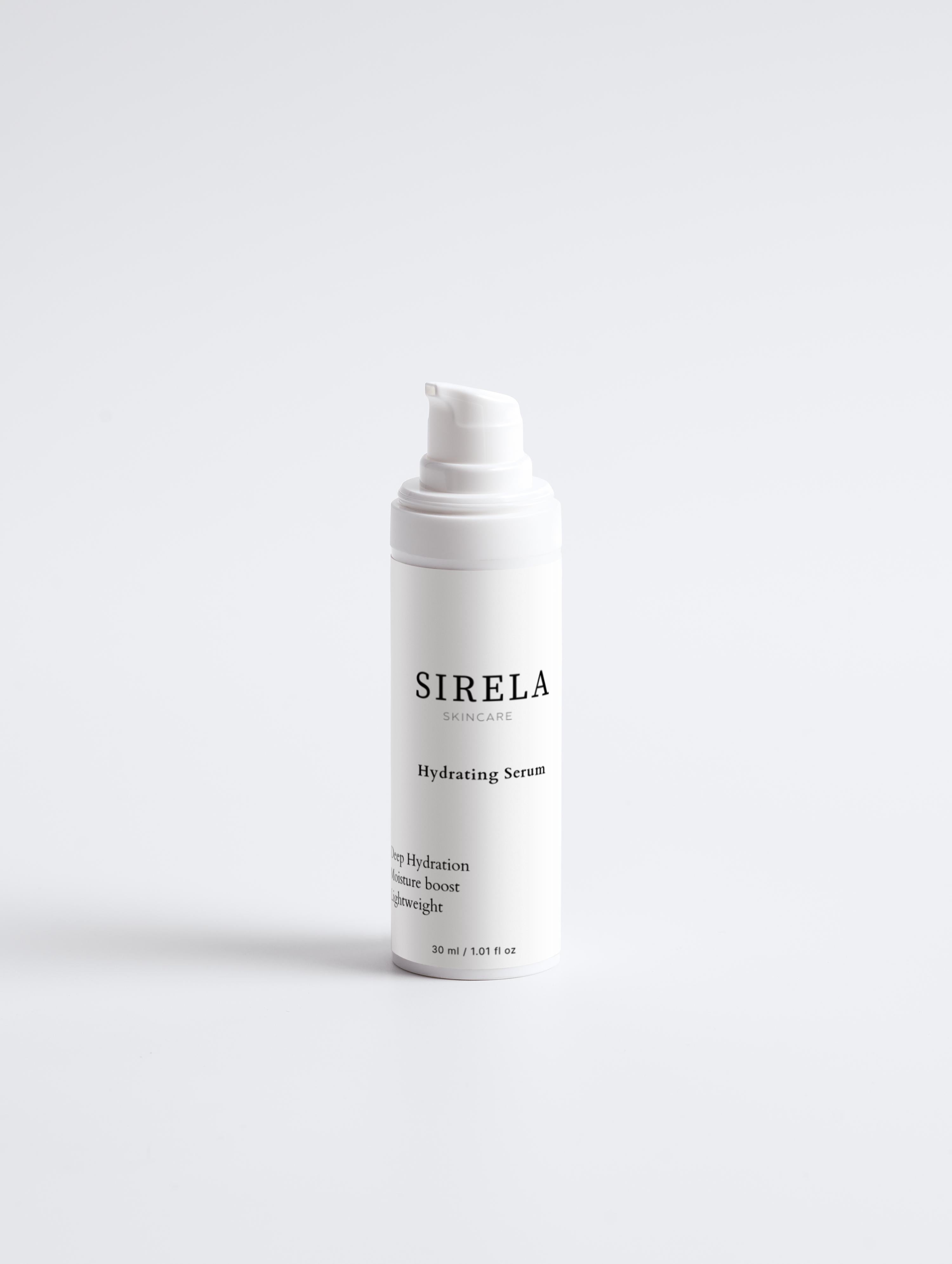 Sirela Hydrating Serum – moisture-boosting face serum bottle on white background