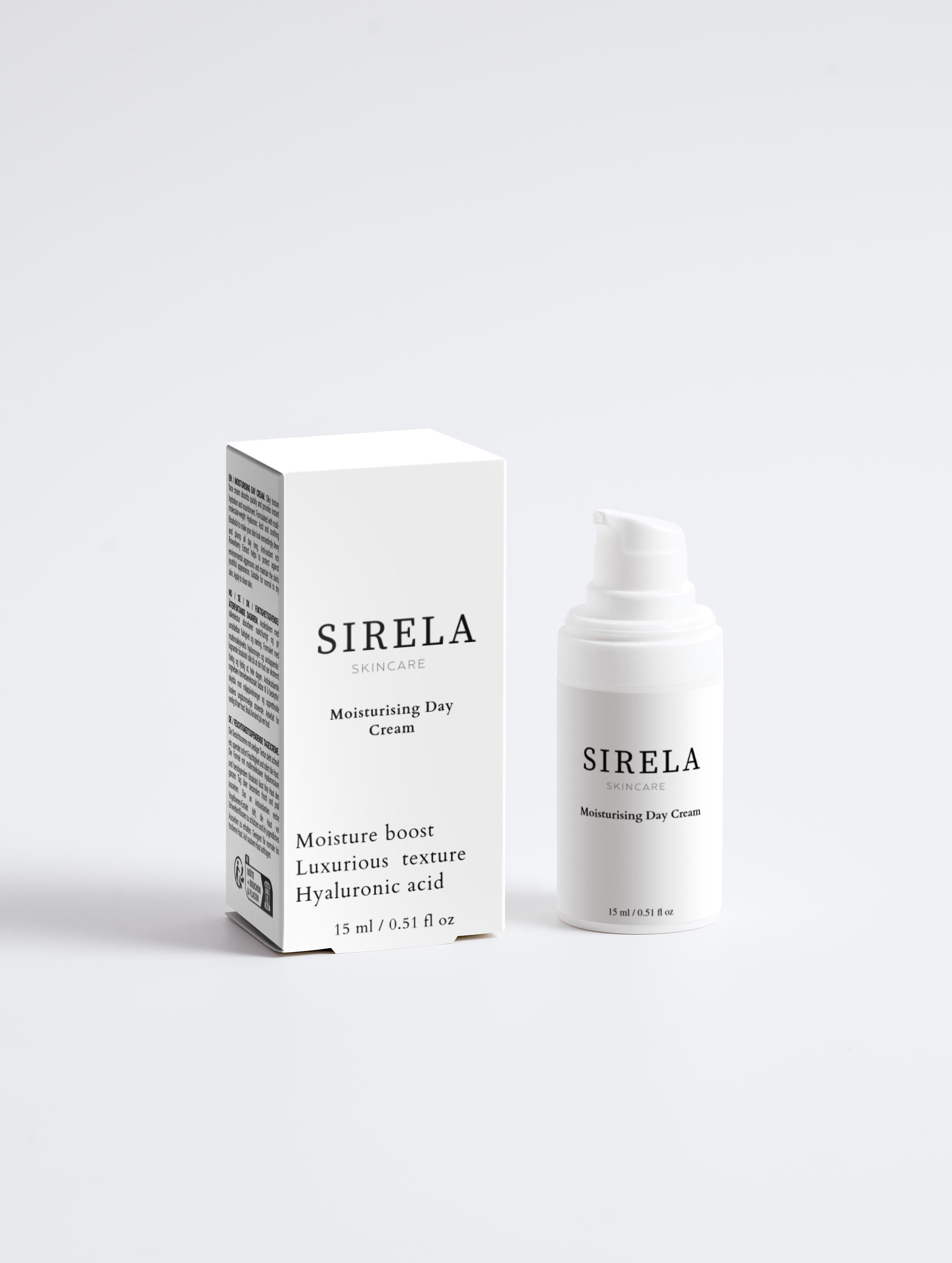 Sirela Moist Day Cream – moisturizing daily face cream bottle on white background