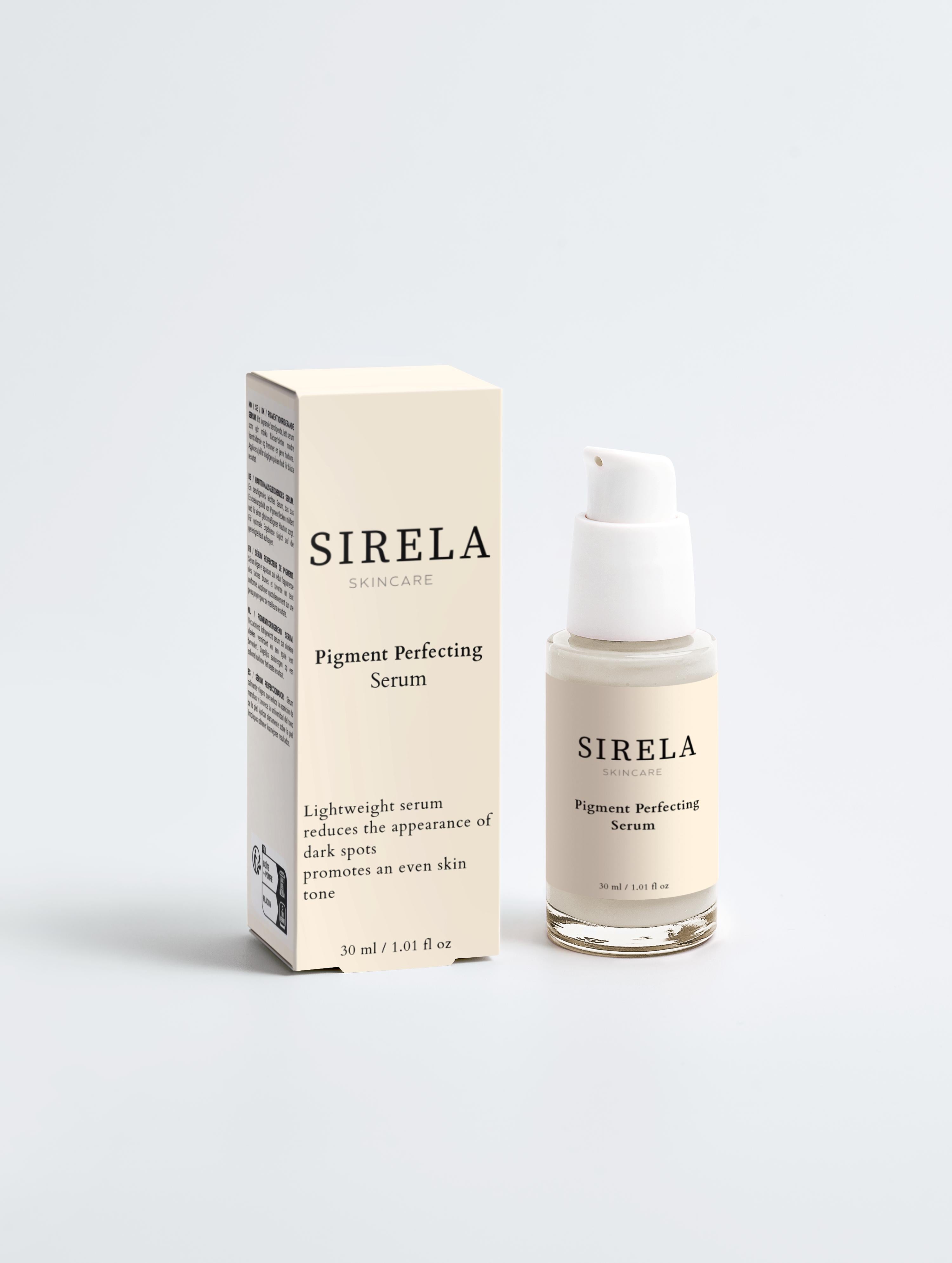 Sirela Pigment Perfecting Serum – brightening anti-dark spot serum bottle on white background