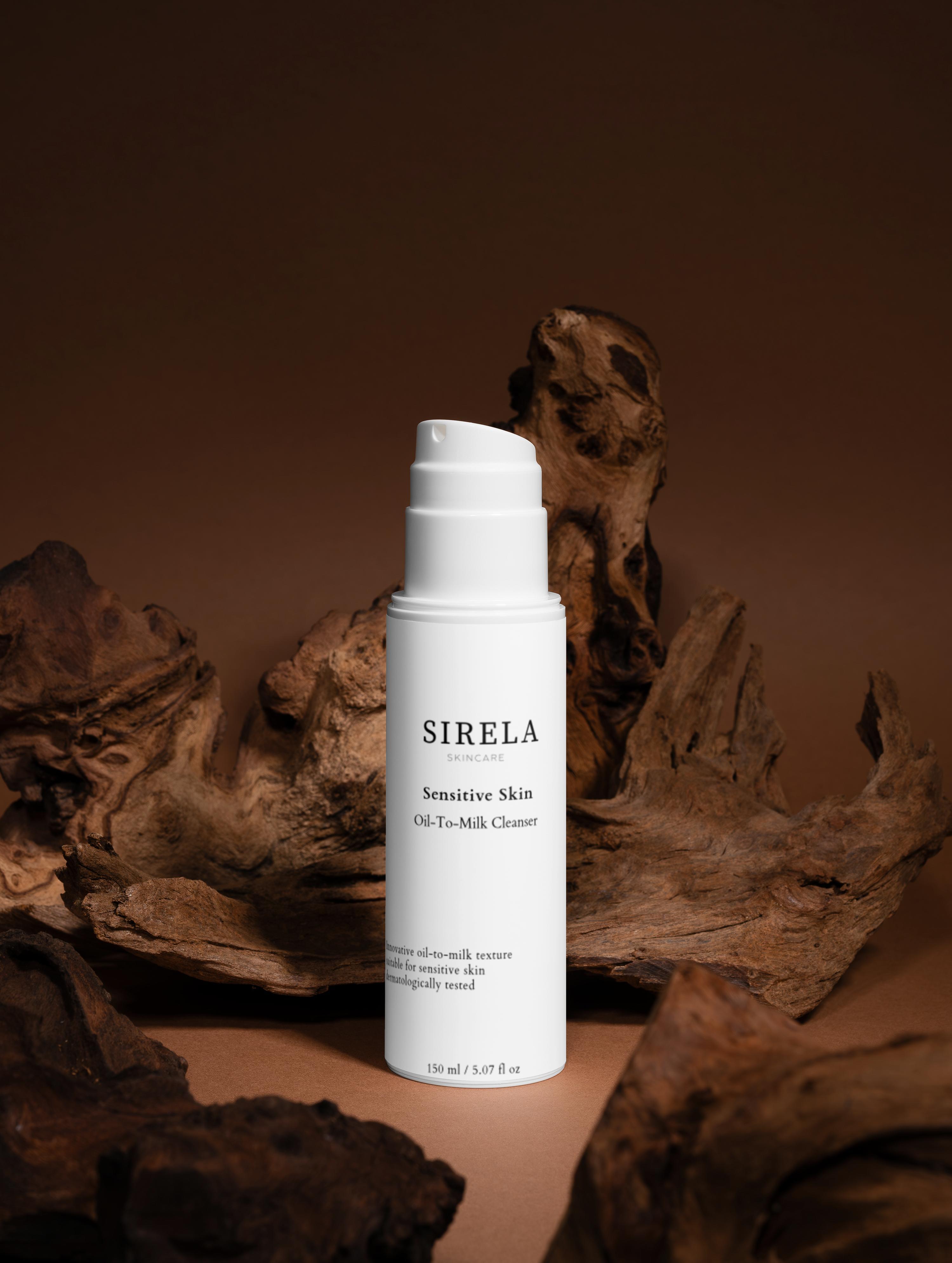 Sirela Sensitive Oil-to-Milk Cleanser – gentle oil-to-milk face cleanser bottle on white background
