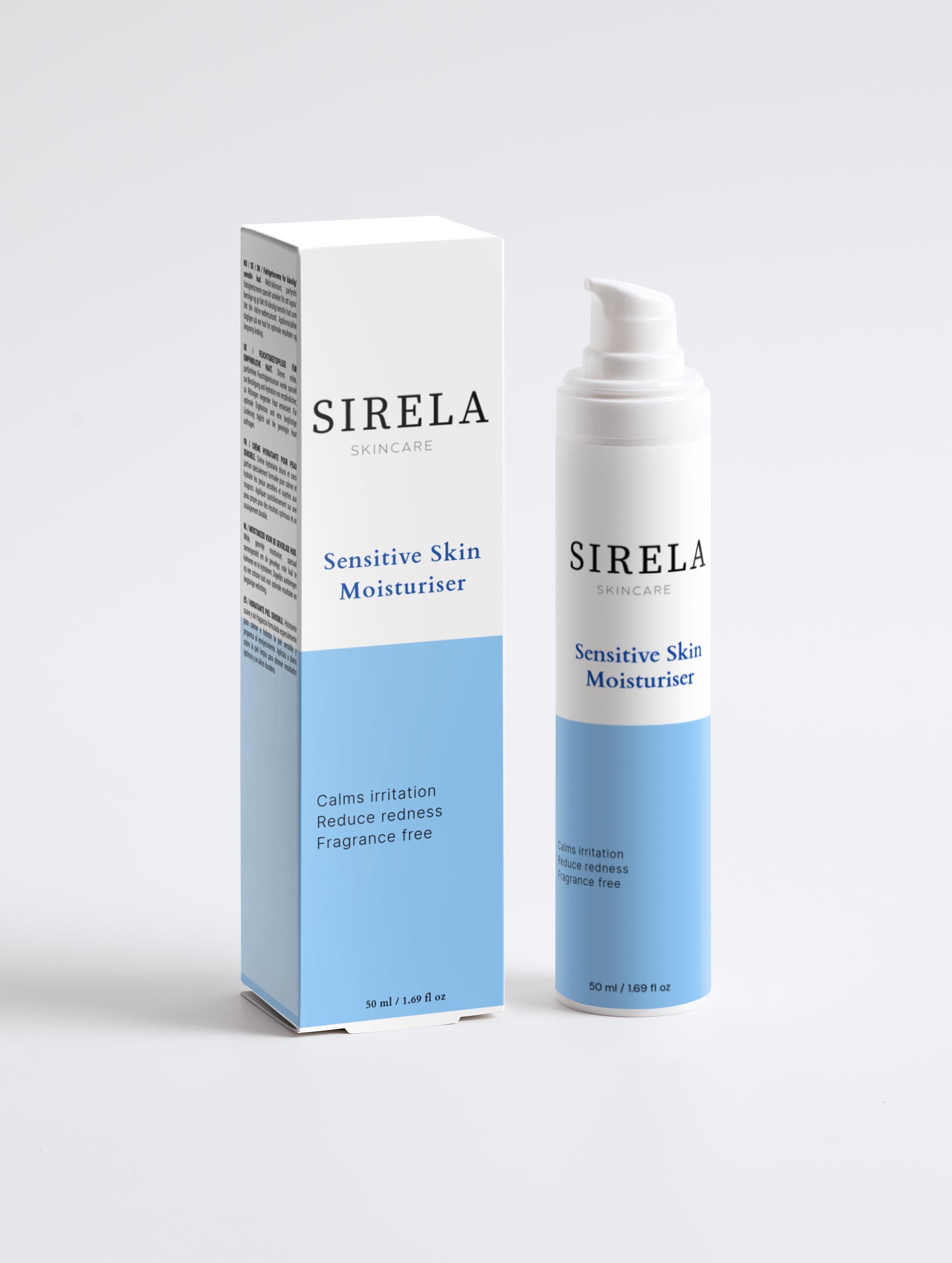 Sirela Sensitive Skin Moisturiser – soothing sensitive skin face cream bottle on white background