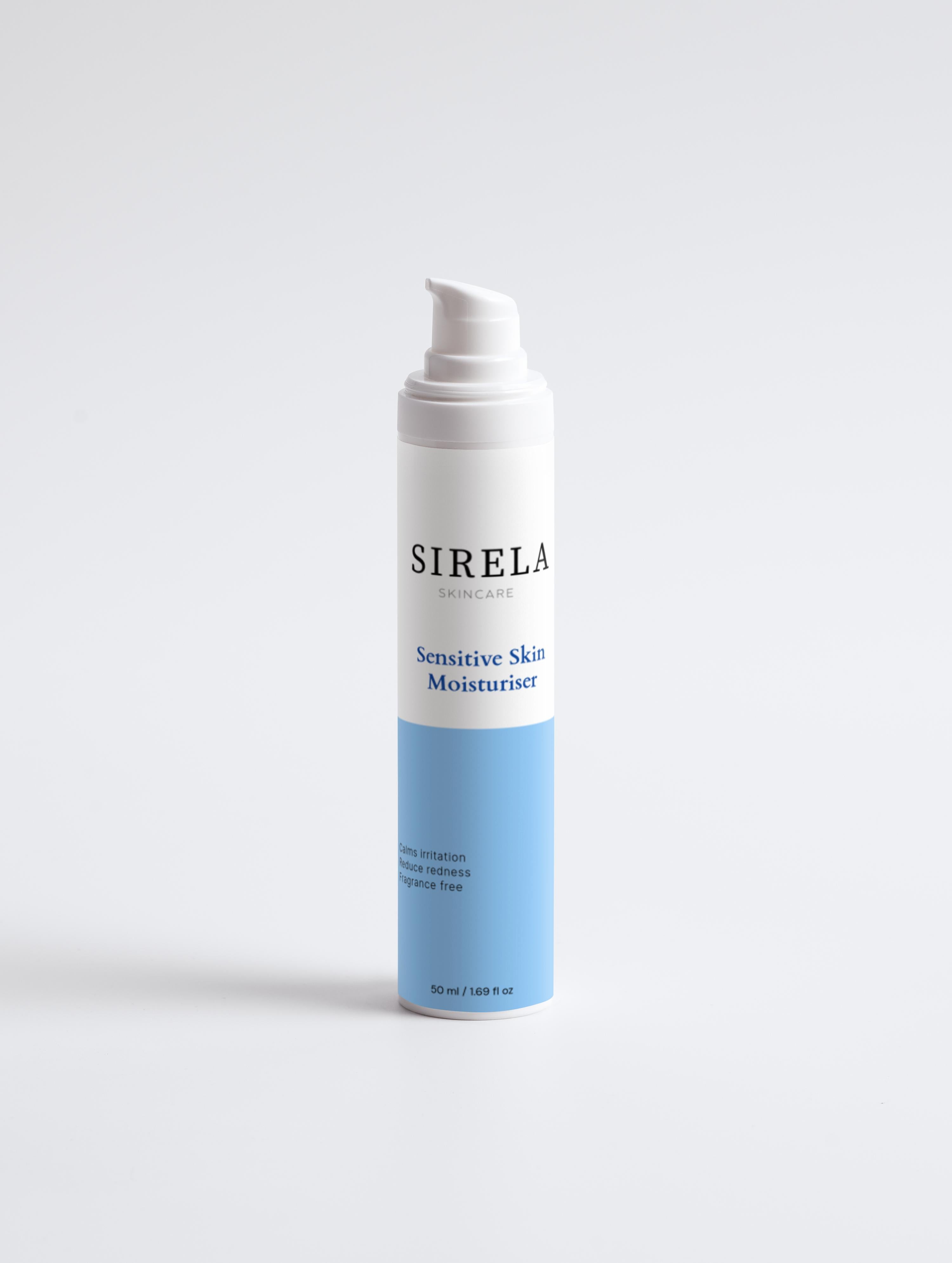 Sirela Sensitive Skin Moisturiser – soothing sensitive skin face cream bottle on white background