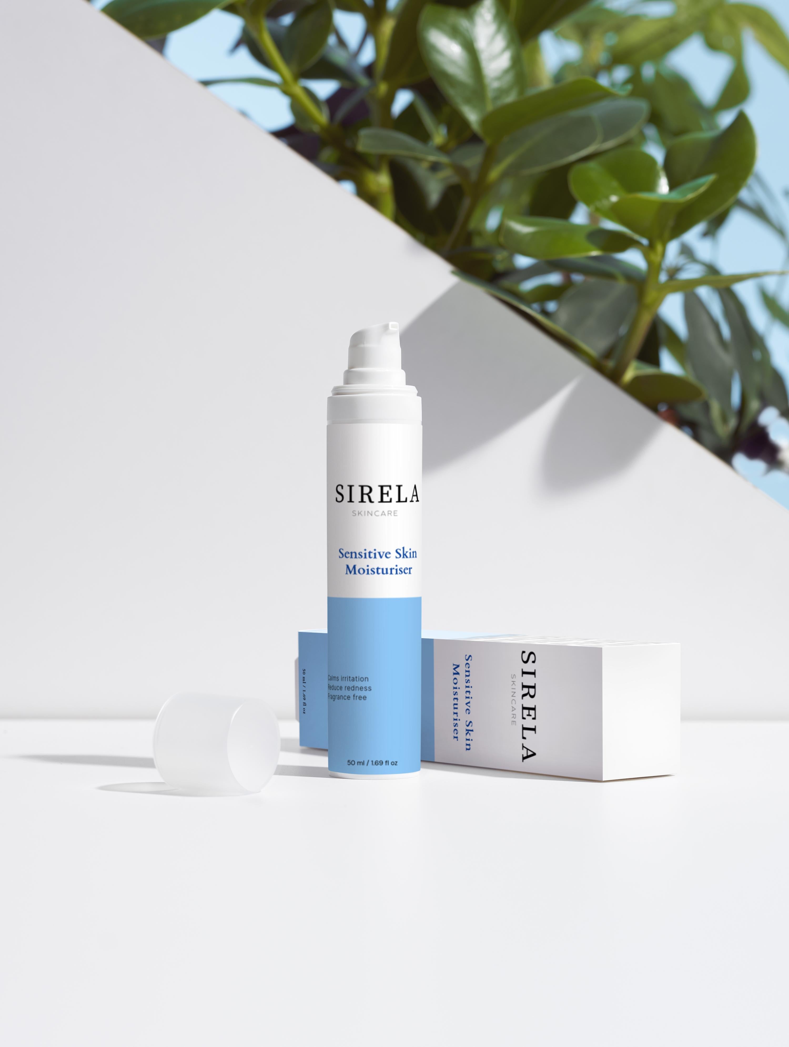 Sirela Sensitive Skin Moisturiser – soothing sensitive skin face cream bottle on white background