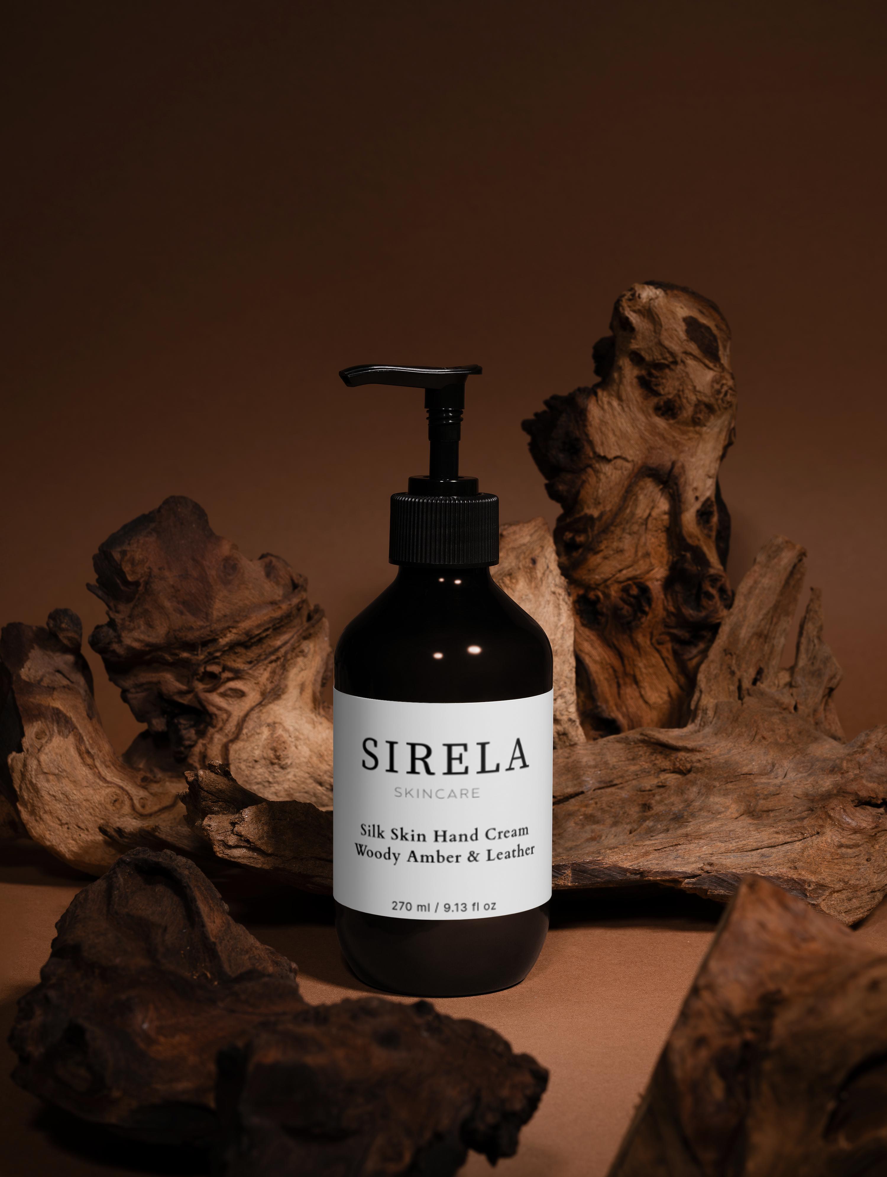 SIRELA skincare bottle with pump on a wooden background