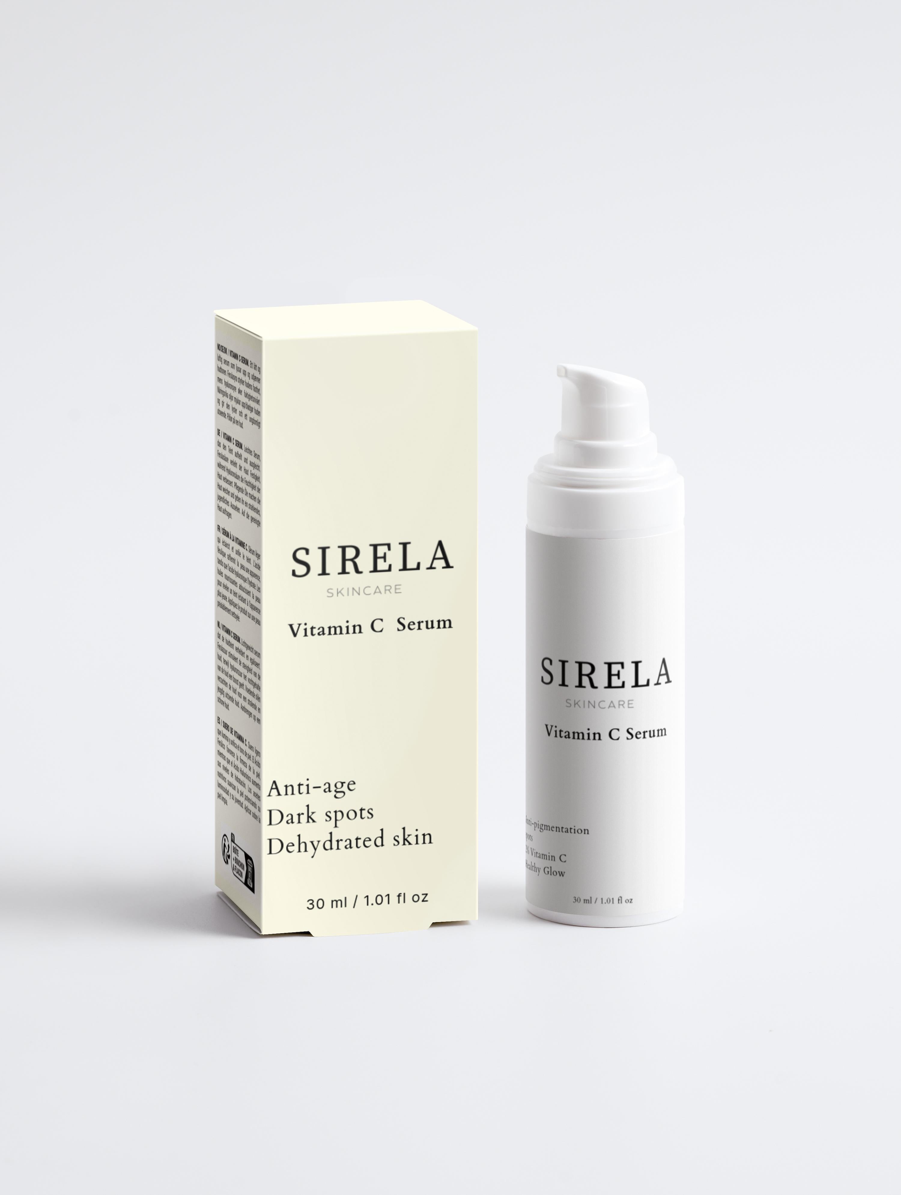 Sirela Vitamin C Serum – brightening antioxidant vitamin C face serum bottle on white background